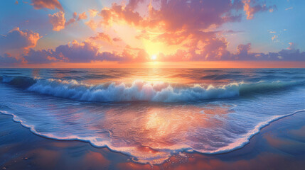 Fototapeta premium Classic oil painting of a serene beach sunset with calm seas and vibrant skies