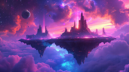 Fantasy landscape with floating islands and ethereal pink sunset