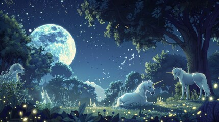 Graceful unicorns meet in a mystical grove under the enchanting glow of a full moon and a star-filled night sky.