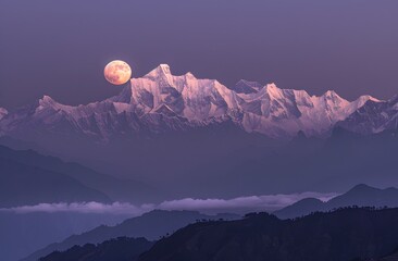 Full moon ascends behind Himalayas, long exposure reveals a moonlit, snow-capped wonder under a clear sky, captured with Nikon D850's precision.