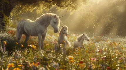 A mystical scene with unicorns gathered in a sunlit, flower-filled forest clearing, exuding a sense of magic and serenity.
