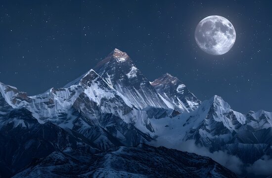 Moonlit Himalayan Majesty: Ethereal Glow Over Snowcapped Peaks, Captured with Nikon D850 and AFS NIKKOR 24-70mm Lens.