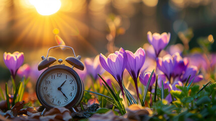 Vintage alarm clock surrounded by purple crocuses in a spring sunset - obrazy, fototapety, plakaty