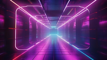 glowing neon futuristic underground tunnel with cyberpunk colours - obrazy, fototapety, plakaty