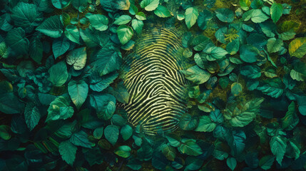 Artistic human fingerprint merged with lush greenery for identity concepts - obrazy, fototapety, plakaty