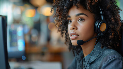 Focused call center representative with headset in office setting