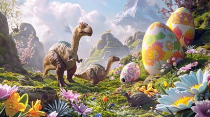 Playful dinosaurs share a lush, blooming valley with oversized decorated Easter eggs, nestled amongst a bright floral landscape with mountains in the backdrop..