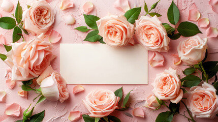 Elegant peach roses with blank card on pink textured background