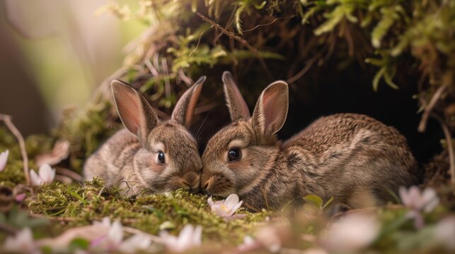 Two wild rabbits find comfort and warmth nestling together in a cozy, moss-covered den surrounded by spring flowers.
