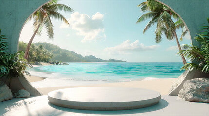 Layered circular empty product podium, under coconut trees, beautiful beach background