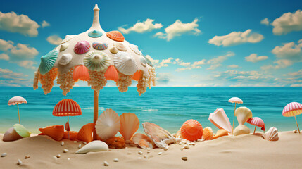 A dreamlike beach scene with sandcastles and seashells