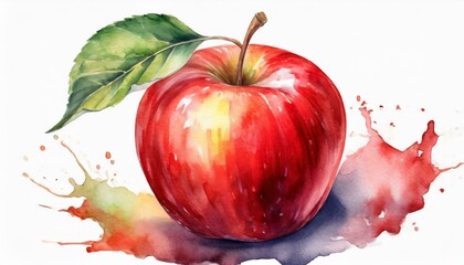 Painting of an red apple with a green leave.
Closeup, white background, isolated, watercolor.