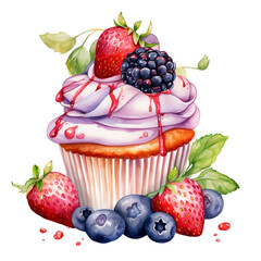 cake with berries. watercolour.