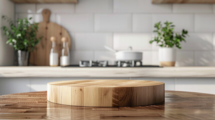 A wooden display stand with a minimalist kitchen background. Ai generate.