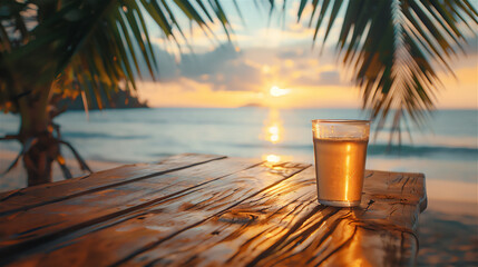 Empty table for placing products, under a coconut tree, background of sunset on the beach in spring