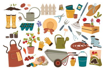 Collection of garden tools and accessories. © zahozhenko