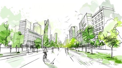 An artistic sketch depicting a bustling urban street scene focused on sustainable development, featuring pedestrians and cyclists coexisting in a green environment with eco-friendly infrastructure.