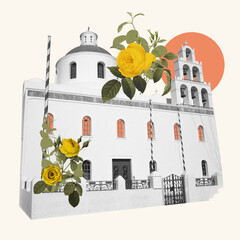 Naklejka premium Creative collage with black and white illustration of church with a bell tower and yellow rose flowers. Gothic architectural style. Concept of architecture, creative vision, spring and summer vibe