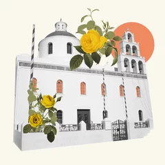 Foto op Plexiglas Creative collage with black and white illustration of church with a bell tower and yellow rose flowers. Gothic architectural style. Concept of architecture, creative vision, spring and summer vibe © master1305