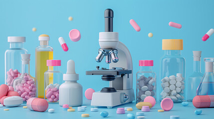 a microscope and pills in bottles - obrazy, fototapety, plakaty