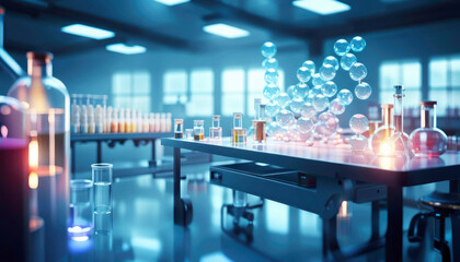 The room of a chemical styrene laboratory with volumetric hologram of a DNA molecule, various glass flasks on the table and a , scientific style