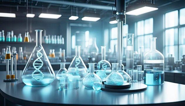 The room of a chemical styrene laboratory with volumetric hologram of a DNA molecule, various glass flasks on the table and a , scientific style