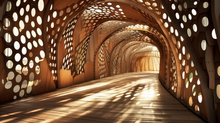 Modern art wooden corridor design. A long wooden passage. A perspective disappearing into the...