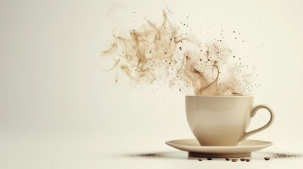 steaming cup of coffee on white background. coffee beans around