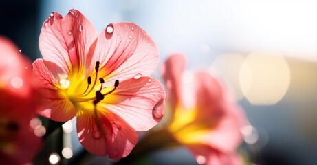 Close-up of vibrant spring flowers with dew drops, in natural sunlight.