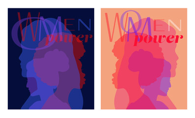 Illustrative banner for Women's International Day featuring silhouettes of diverse women, symbolizing unity and empowerment, women power.	