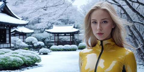 Strong real BDSM adult caucasian blond hair mistress wearing and poses in fetish deep yellow erotic latex rubber catsuit in japan winter frozen snowy garden - obrazy, fototapety, plakaty