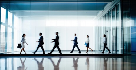 Fototapeta na wymiar Dynamic long exposure of employees moving in an office corridor.