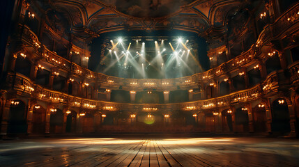 Modern grand stage, European style architecture, lighting in the middle of the stage