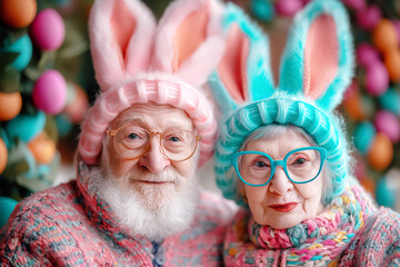Happy old couple in bunny ears on festive background. Easter concept