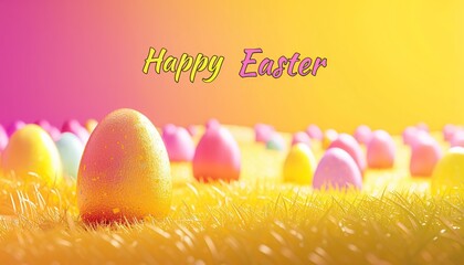 Happy Easter day decoration with colorful eggs on yellow background.