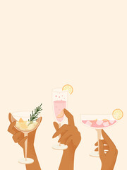 Human hand is holding cocktail. Modern cold alcoholic and non-alcoholic drinks with ice, lemon and rosemary. Summer drinks. Drinks for the bar. Modern minimalistic card with texture.
