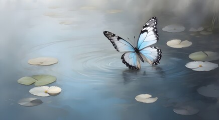 butterfly on a flower , A dreamy butterfly with soft shades of grey and blue, floating gracefully over a tranquil pond.