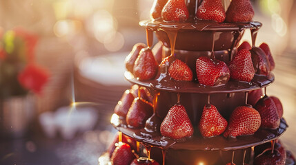 Chocolate fountain at an Easter brunch a luxurious close-up with strawberries being dipped