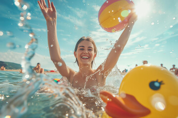 
A joyful woman is playing with beach balls in the sea, surrounded by inflatable toys and splashing water - obrazy, fototapety, plakaty