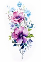 watercolor pink and purple flowers on a white background