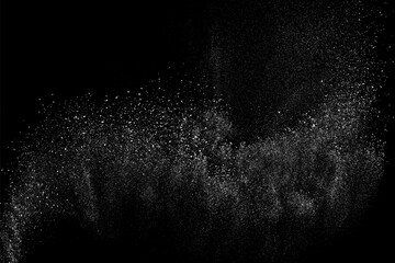 Fototapety  White grainy texture. Abstract dust overlay. Grain noise. White explosion on black background. Splash light realistic effect. Vector illustration, eps 10.  