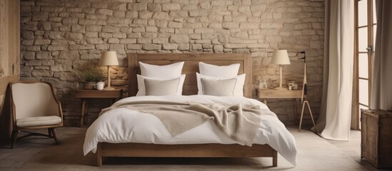 Fototapeta na wymiar A rustic French Scandinavian style hotel room featuring a brick wall, a cozy double bed with linen pillows.