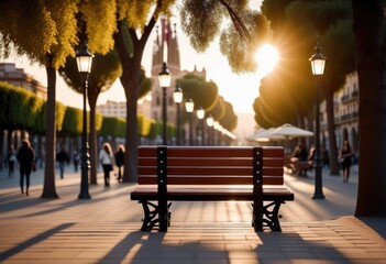 Bench in the park with street lamps and rays of sun - obrazy, fototapety, plakaty