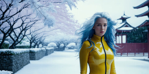 Strong real BDSM adult caucasian blue hair mistress wearing and poses in fetish deep yellow erotic latex rubber catsuit in japan winter frozen snowy garden