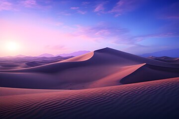 Fototapeta na wymiar A surreal desert landscape bathed in the soft glow of twilight, with towering sand dunes stretching to the horizon. 
