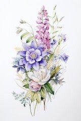 painting of watercolor flower bouquet, in the style of light violet and dark beige