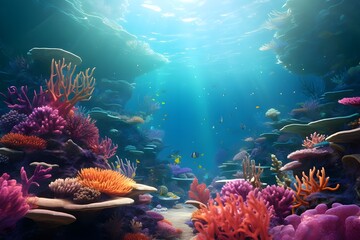 Fototapeta na wymiar A surreal underwater landscape teeming with vibrant coral reefs, exotic fish, and swaying sea plants. 