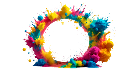 Circle copy space with multicolor holi paint powder explosion isolated on transparent background.Copy space concept for spring summer fde