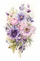 painting of watercolor flower bouquet, in the style of light violet and dark beige