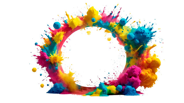 Circle copy space with multicolor holi paint powder explosion isolated on transparent background.Copy space concept for spring summer fde